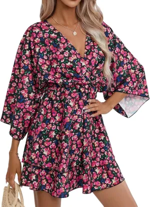 IVERIRMIN Women's Boho Floral Print 3/4 Long Sleeve Short Dress Flowy V Neck A Line Ruffle Tiered Mini Dresses