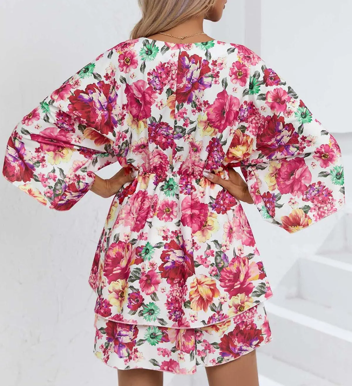 IVERIRMIN Women's Boho Floral Print 3/4 Long Sleeve Short Dress Flowy V Neck A Line Ruffle Tiered Mini Dresses