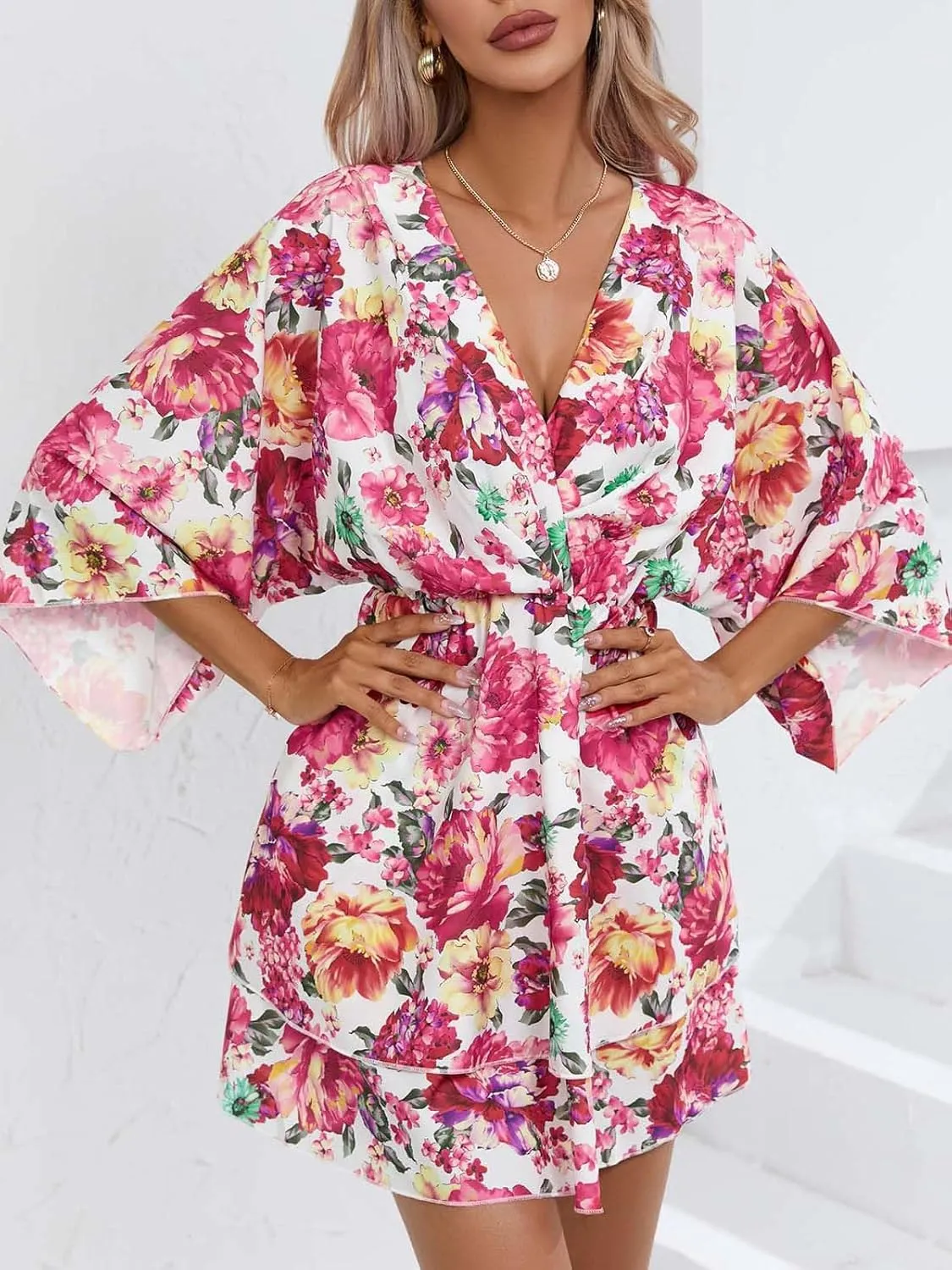 IVERIRMIN Women's Boho Floral Print 3/4 Long Sleeve Short Dress Flowy V Neck A Line Ruffle Tiered Mini Dresses
