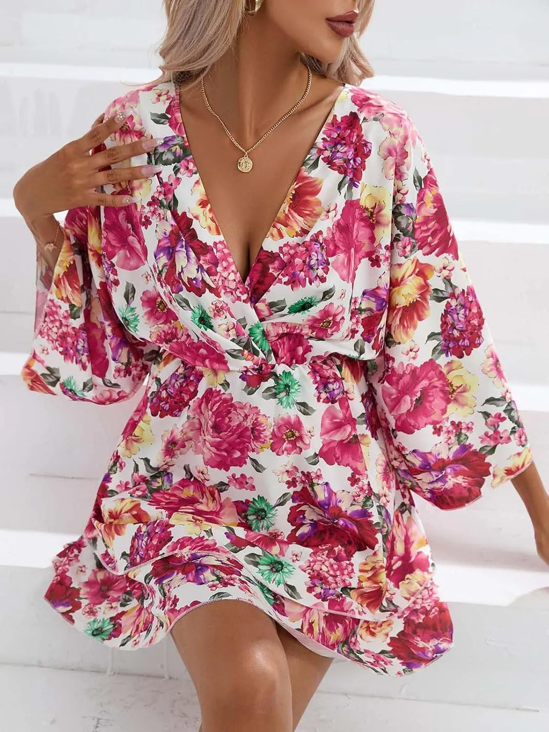 IVERIRMIN Women's Boho Floral Print 3/4 Long Sleeve Short Dress Flowy V Neck A Line Ruffle Tiered Mini Dresses