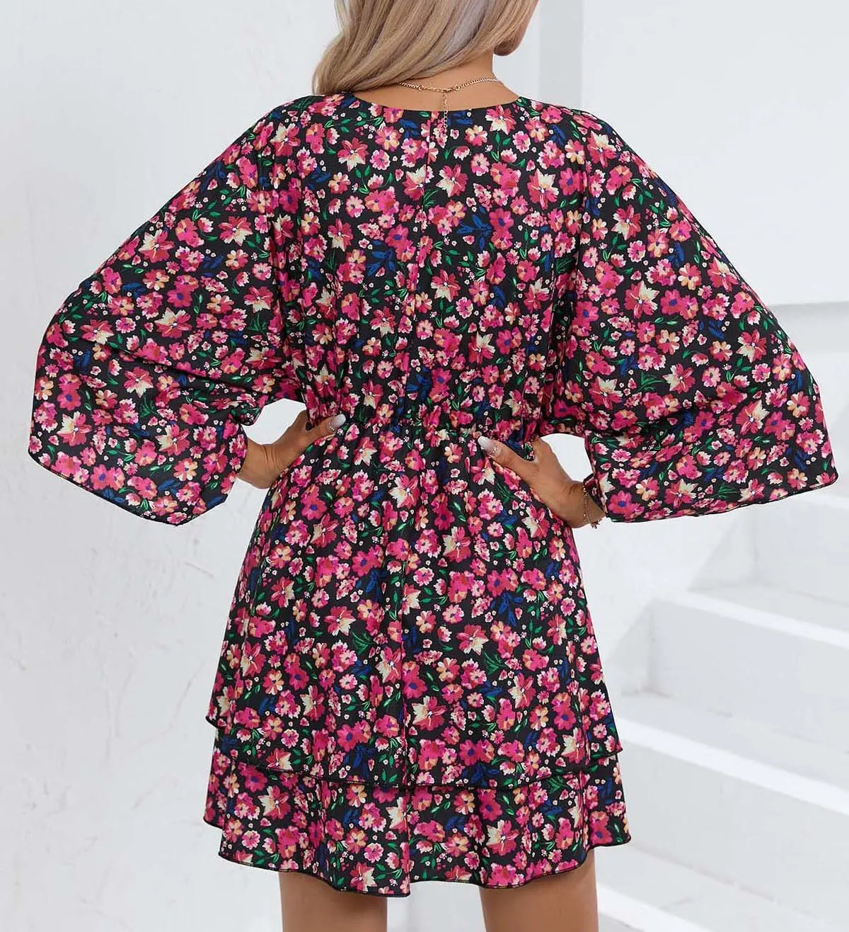 IVERIRMIN Women's Boho Floral Print 3/4 Long Sleeve Short Dress Flowy V Neck A Line Ruffle Tiered Mini Dresses