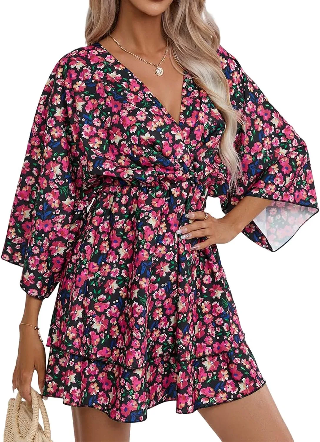 IVERIRMIN Women's Boho Floral Print 3/4 Long Sleeve Short Dress Flowy V Neck A Line Ruffle Tiered Mini Dresses