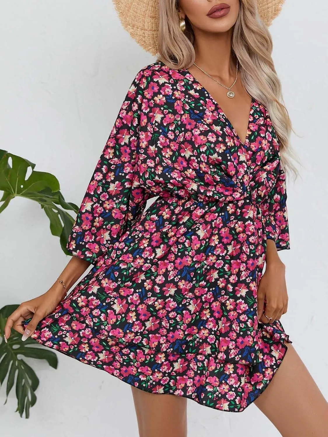 IVERIRMIN Women's Boho Floral Print 3/4 Long Sleeve Short Dress Flowy V Neck A Line Ruffle Tiered Mini Dresses