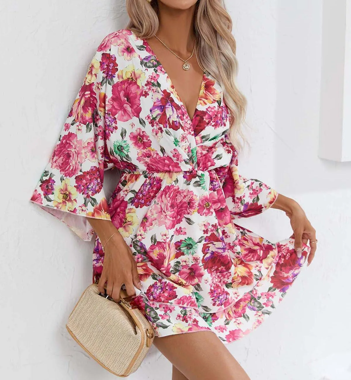 IVERIRMIN Women's Boho Floral Print 3/4 Long Sleeve Short Dress Flowy V Neck A Line Ruffle Tiered Mini Dresses