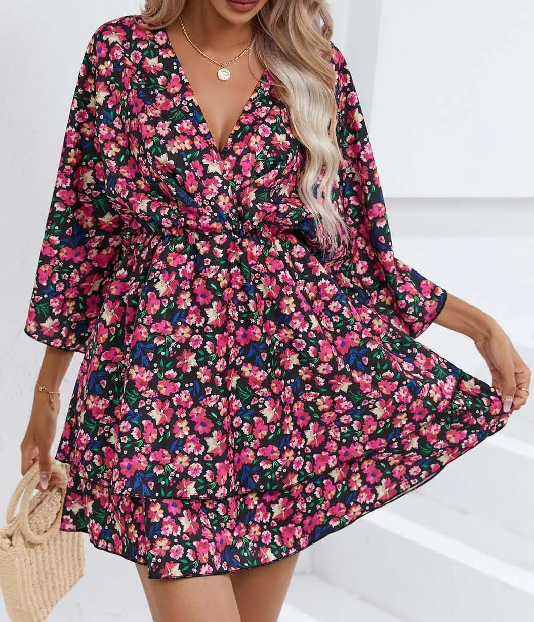 IVERIRMIN Women's Boho Floral Print 3/4 Long Sleeve Short Dress Flowy V Neck A Line Ruffle Tiered Mini Dresses