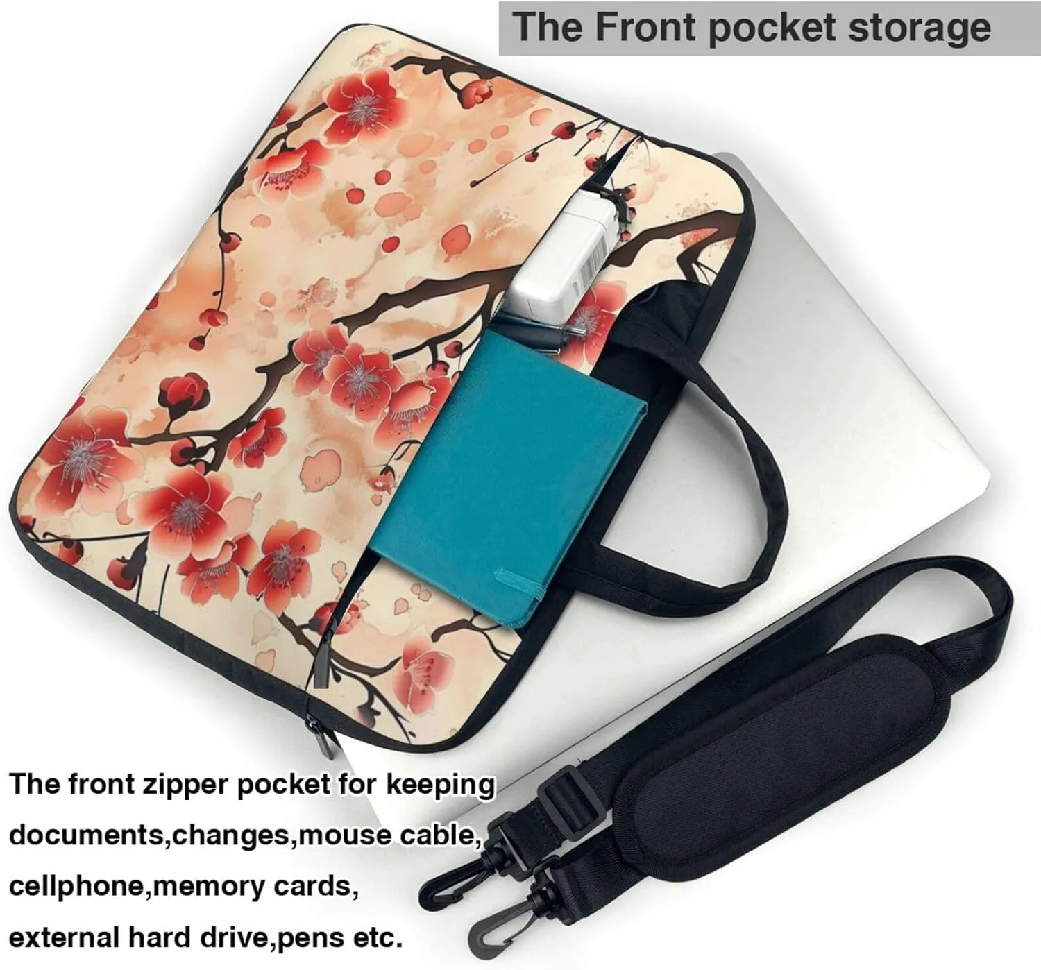 Japanese Floral Print Laptop Carrying Case Travel Business Computer Bag Work Bag for Men Women