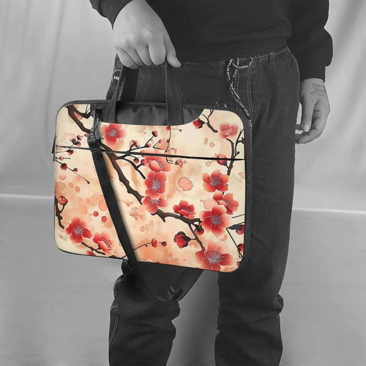 Japanese Floral Print Laptop Carrying Case Travel Business Computer Bag Work Bag for Men Women