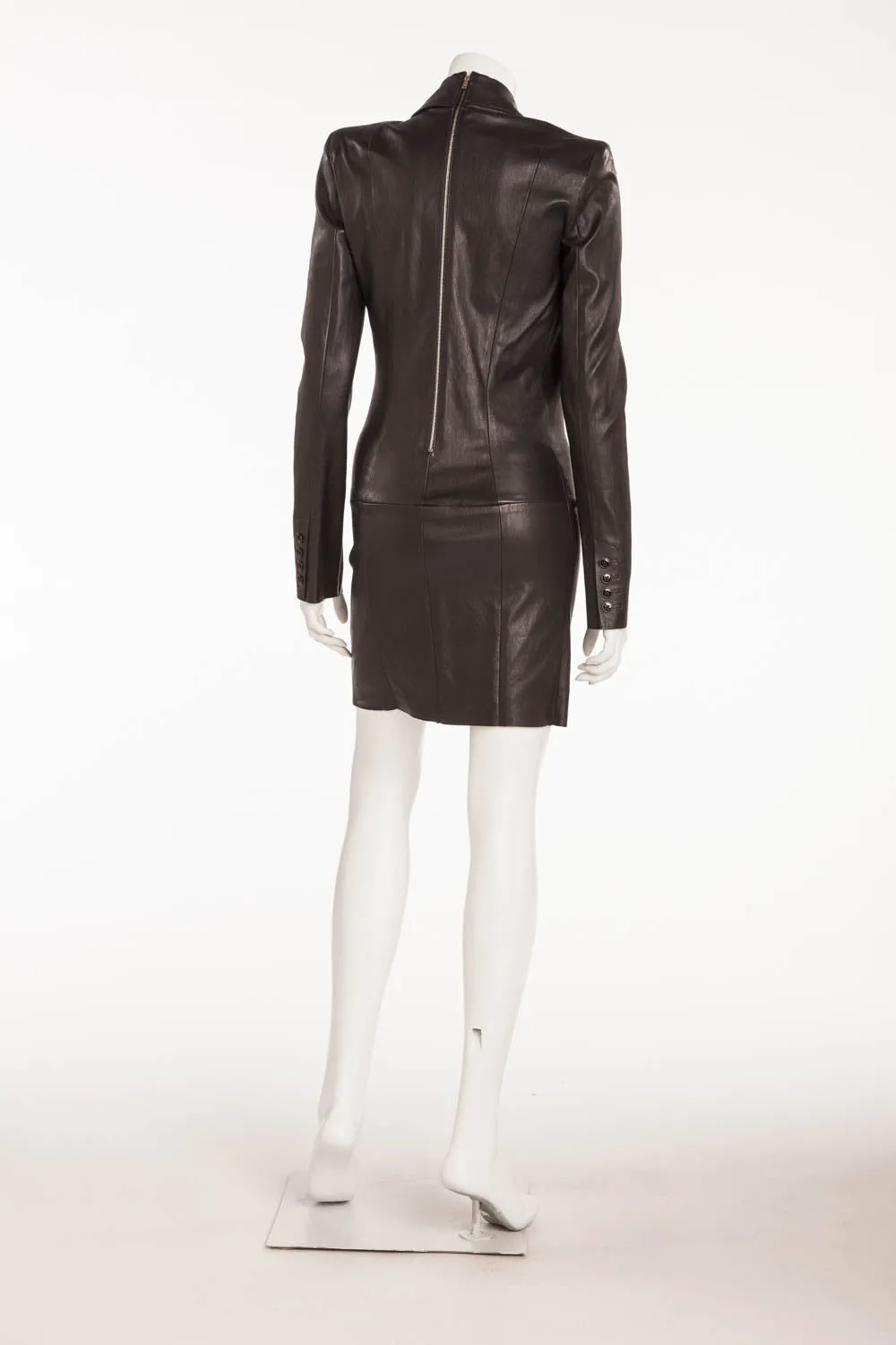 Jitrois - Brand New " Tess" Black Long Sleeve Tuxedo Style Deep V Leather Mini Dress - FR 38