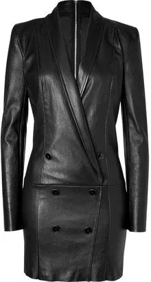 Jitrois - Brand New " Tess" Black Long Sleeve Tuxedo Style Deep V Leather Mini Dress - FR 38