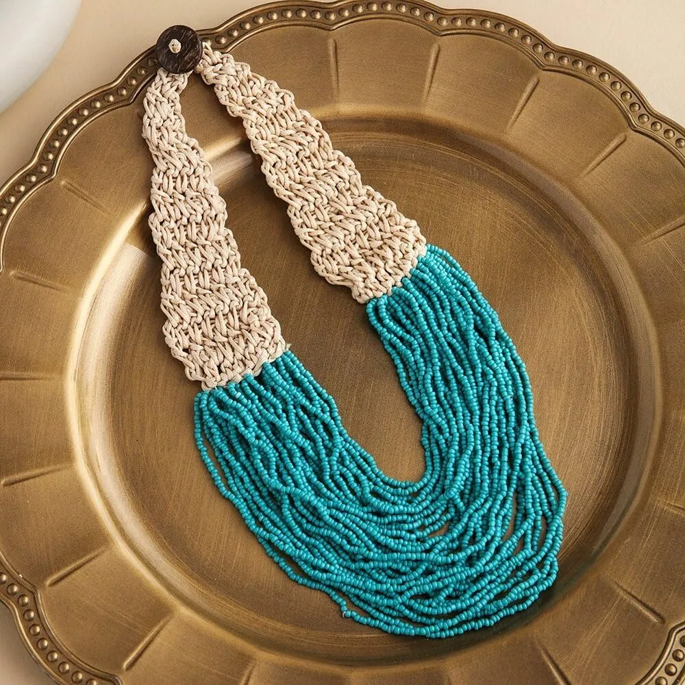 JNF Beach Shell Coral Beaded Necklace for Women Coastal Boho Statement Necklaces Beads Fringe Choker Collar Summer Jewelry