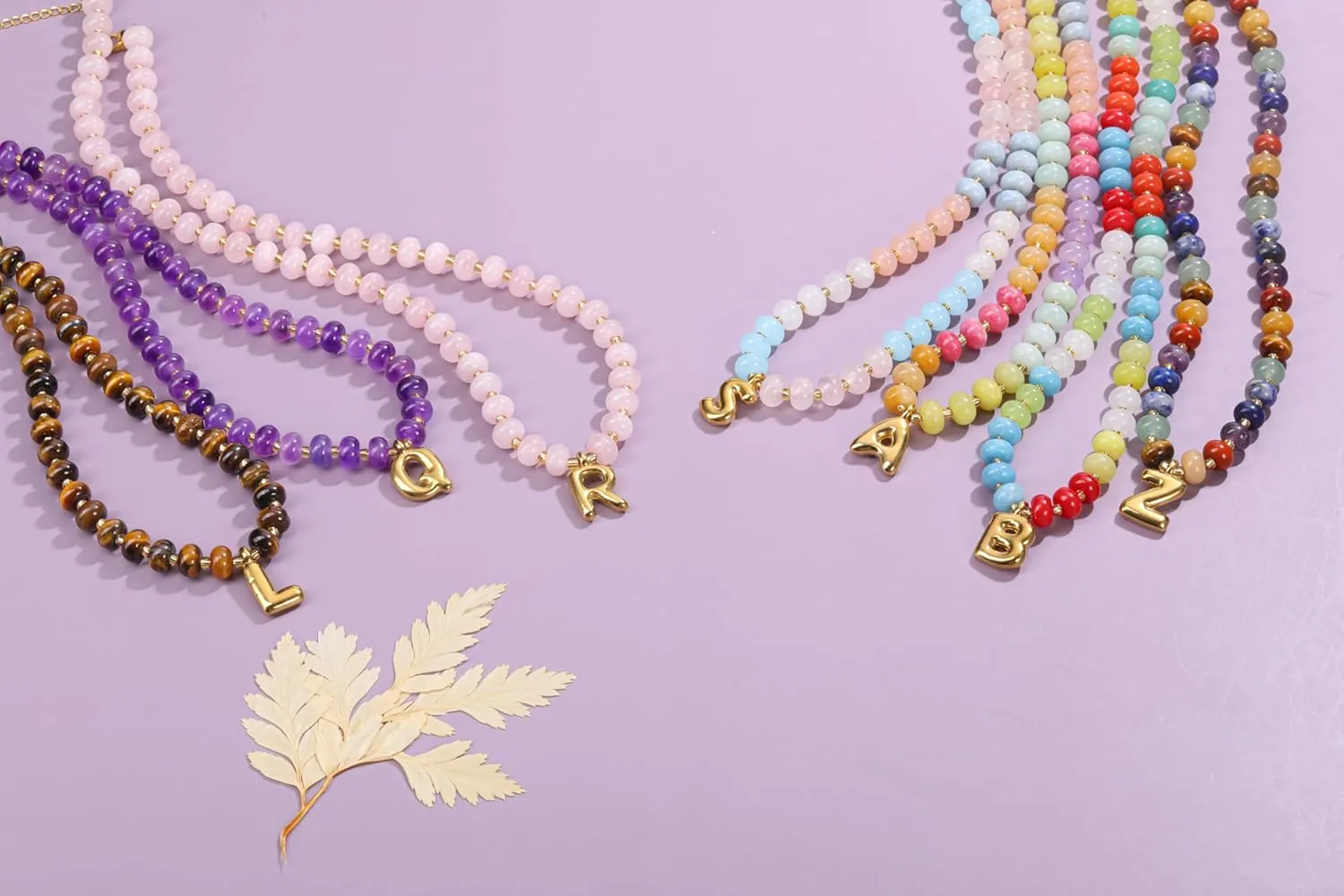 Jovivi Custom Initial Necklaces for Women,Personalized A-Z Colorful Beaded Gemstone Necklaces 14K Gold Plated Letter Pendant Necklace Natural Stone Summer Beach Handmade Jewelry Gift