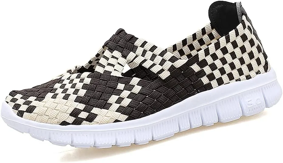 JOYVIP Hand-Woven Walking Flats Summer Sandals for Women Elastic Slip On Shoes