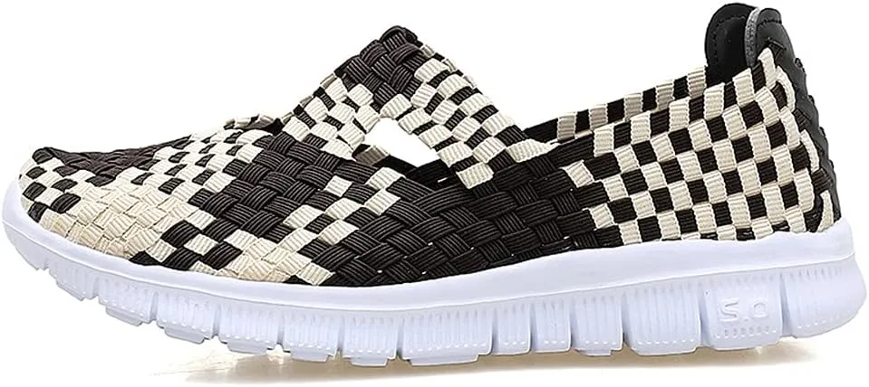 JOYVIP Hand-Woven Walking Flats Summer Sandals for Women Elastic Slip On Shoes