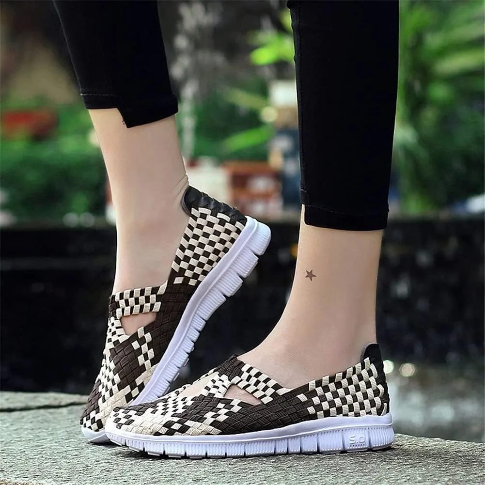 JOYVIP Hand-Woven Walking Flats Summer Sandals for Women Elastic Slip On Shoes