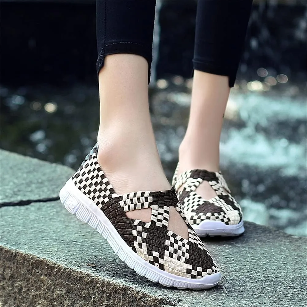 JOYVIP Hand-Woven Walking Flats Summer Sandals for Women Elastic Slip On Shoes