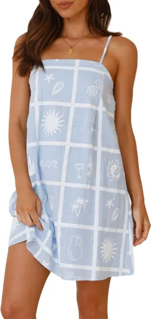 Juakoso Women Boho Graffiti Cami Mini Dress Spaghetti Strap Backless Sleeveless Beach Dress Vacation A Line Sun Dress
