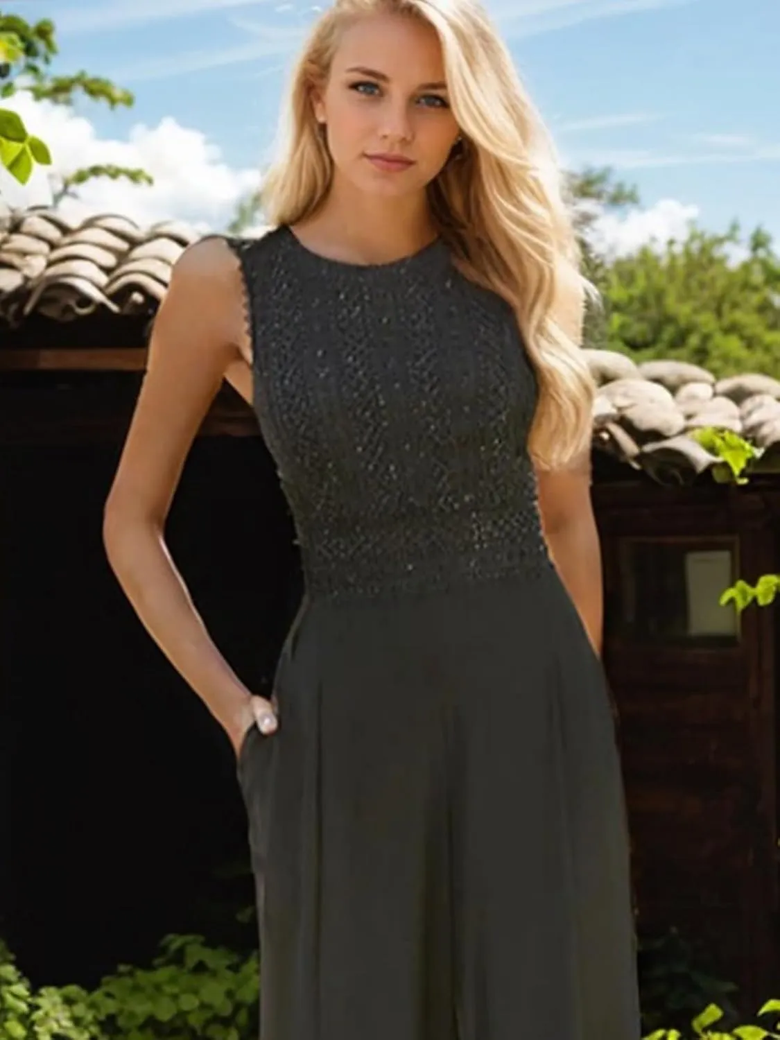 Jumpsuits Elegant Evening Gown Formal Wedding Guest Stretch Chiffon Jewel Neck Floor Length Sleeveless Sequin 2025