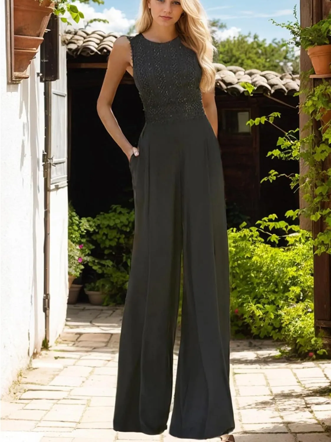 Jumpsuits Elegant Evening Gown Formal Wedding Guest Stretch Chiffon Jewel Neck Floor Length Sleeveless Sequin 2025