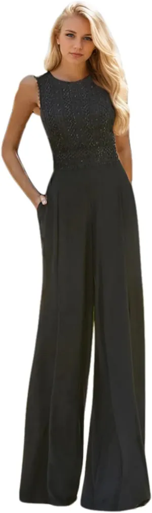 Jumpsuits Elegant Evening Gown Formal Wedding Guest Stretch Chiffon Jewel Neck Floor Length Sleeveless Sequin 2025