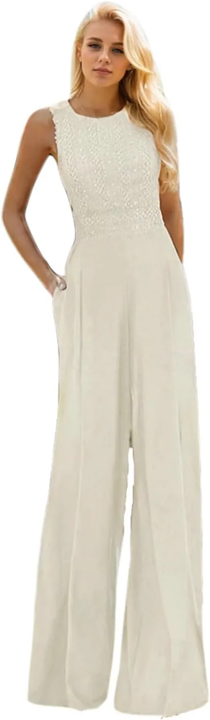 Jumpsuits Elegant Evening Gown Formal Wedding Guest Stretch Chiffon Jewel Neck Floor Length Sleeveless Sequin 2025