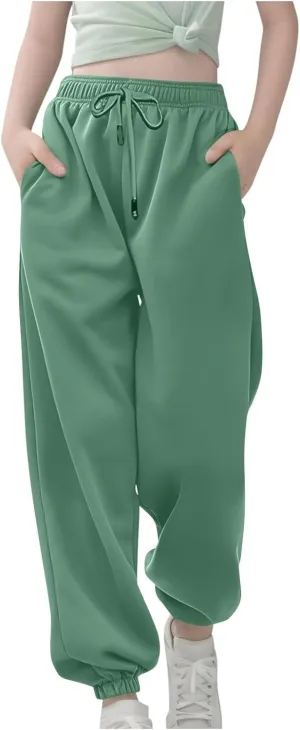 Kids Girls High Waisted Sweatpants Active Joggers Casual Loose Solid Trousers Baggy Sweat Pants with Pockets Clothes