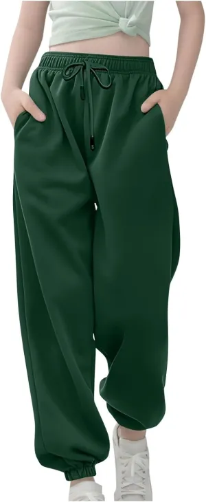 Kids Girls High Waisted Sweatpants Active Joggers Casual Loose Solid Trousers Baggy Sweat Pants with Pockets Clothes