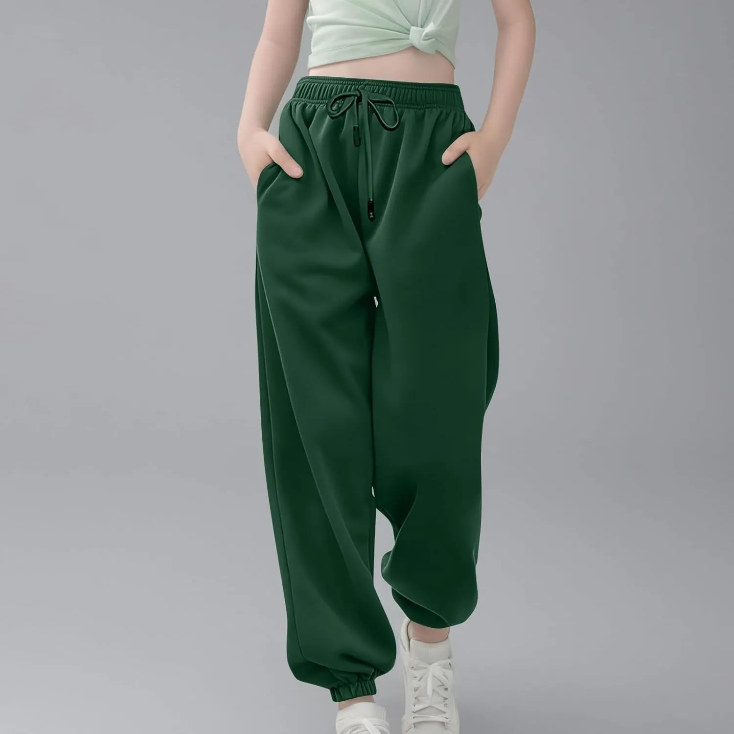 Kids Girls High Waisted Sweatpants Active Joggers Casual Loose Solid Trousers Baggy Sweat Pants with Pockets Clothes
