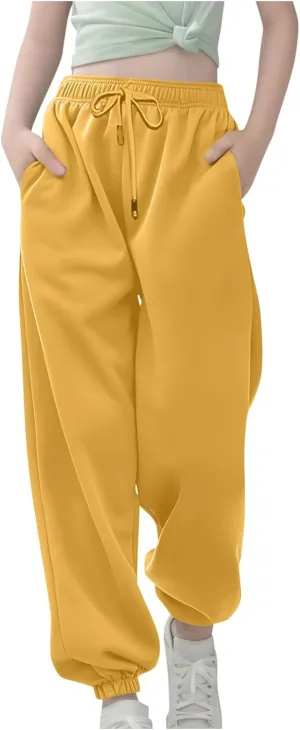 Kids Girls High Waisted Sweatpants Active Joggers Casual Loose Solid Trousers Baggy Sweat Pants with Pockets Clothes