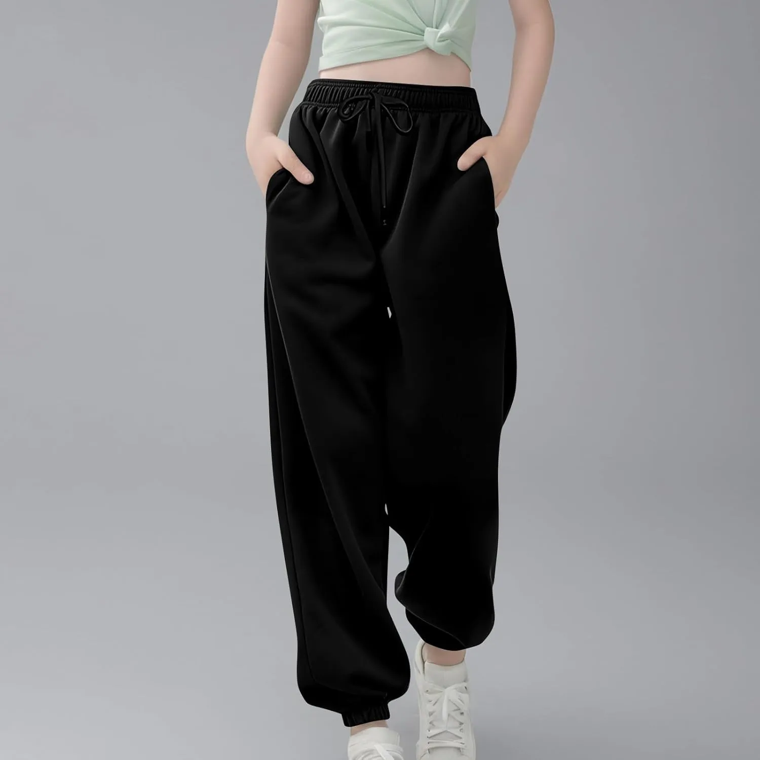 Kids Girls High Waisted Sweatpants Active Joggers Casual Loose Solid Trousers Baggy Sweat Pants with Pockets Clothes