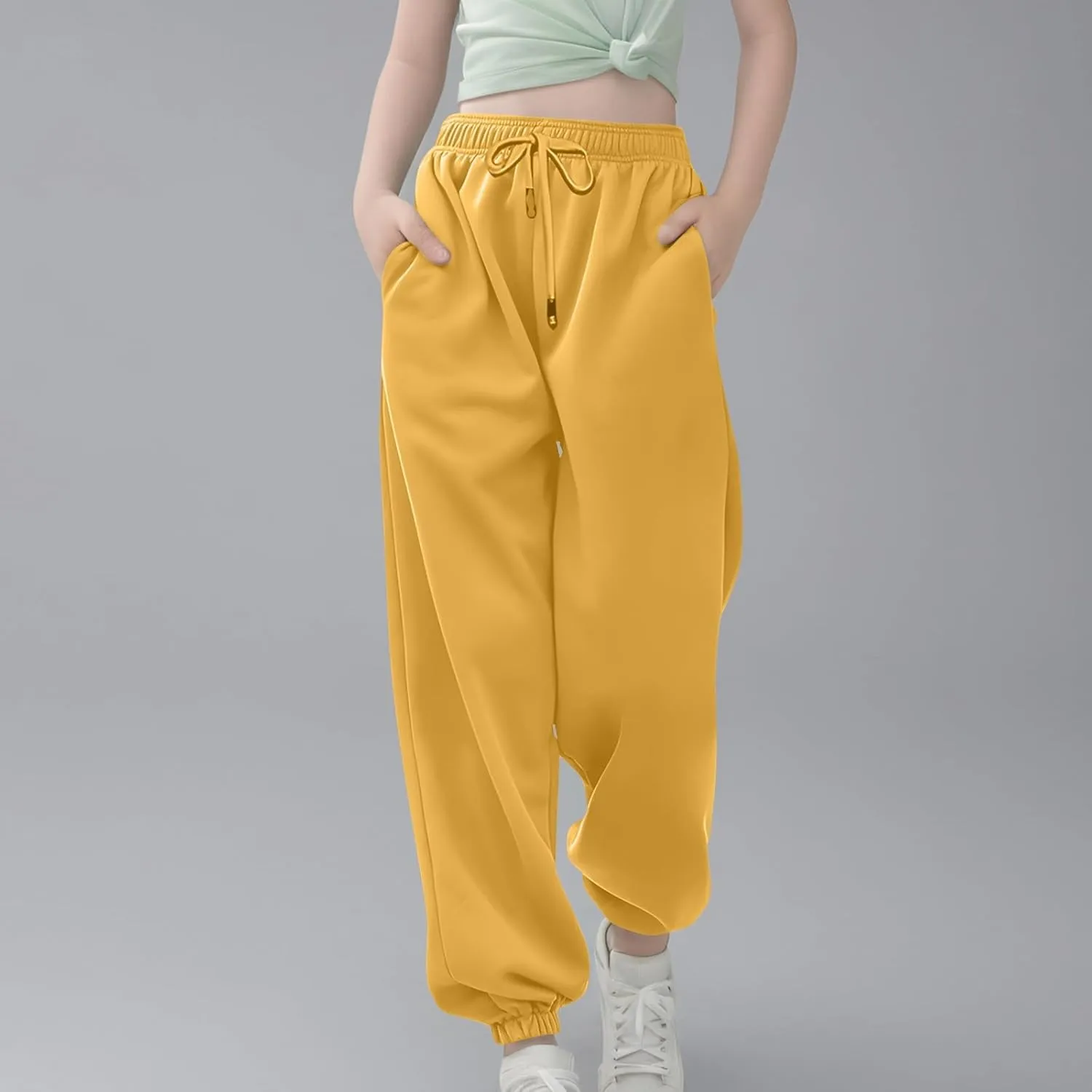 Kids Girls High Waisted Sweatpants Active Joggers Casual Loose Solid Trousers Baggy Sweat Pants with Pockets Clothes