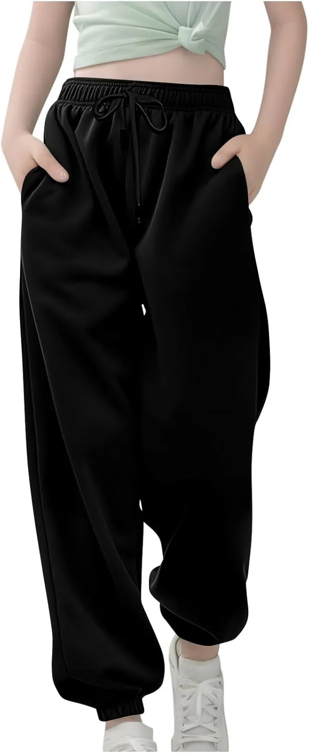 Kids Girls High Waisted Sweatpants Active Joggers Casual Loose Solid Trousers Baggy Sweat Pants with Pockets Clothes
