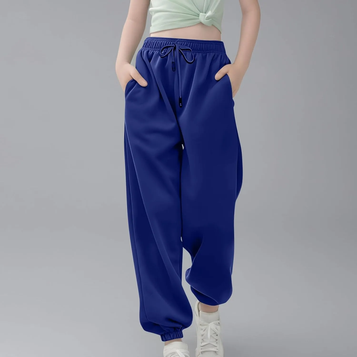 Kids Girls High Waisted Sweatpants Active Joggers Casual Loose Solid Trousers Baggy Sweat Pants with Pockets Clothes