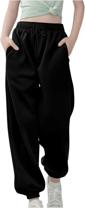 Kids Girls High Waisted Sweatpants Active Joggers Casual Loose Solid Trousers Baggy Sweat Pants with Pockets Clothes