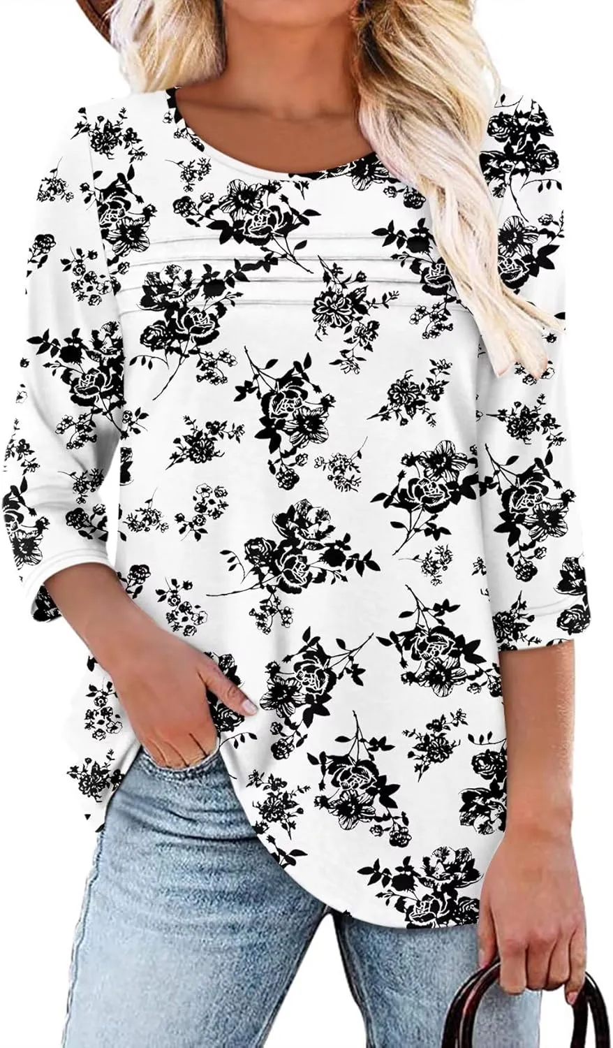 KISSMODA Women's Casual 3/4 Sleeve T-Shirts Round Neck Cute Tunic Tops Basic/Pleated Summer Tops Trendy Spring Blouses