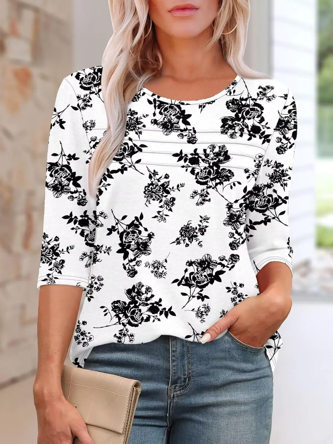 KISSMODA Women's Casual 3/4 Sleeve T-Shirts Round Neck Cute Tunic Tops Basic/Pleated Summer Tops Trendy Spring Blouses