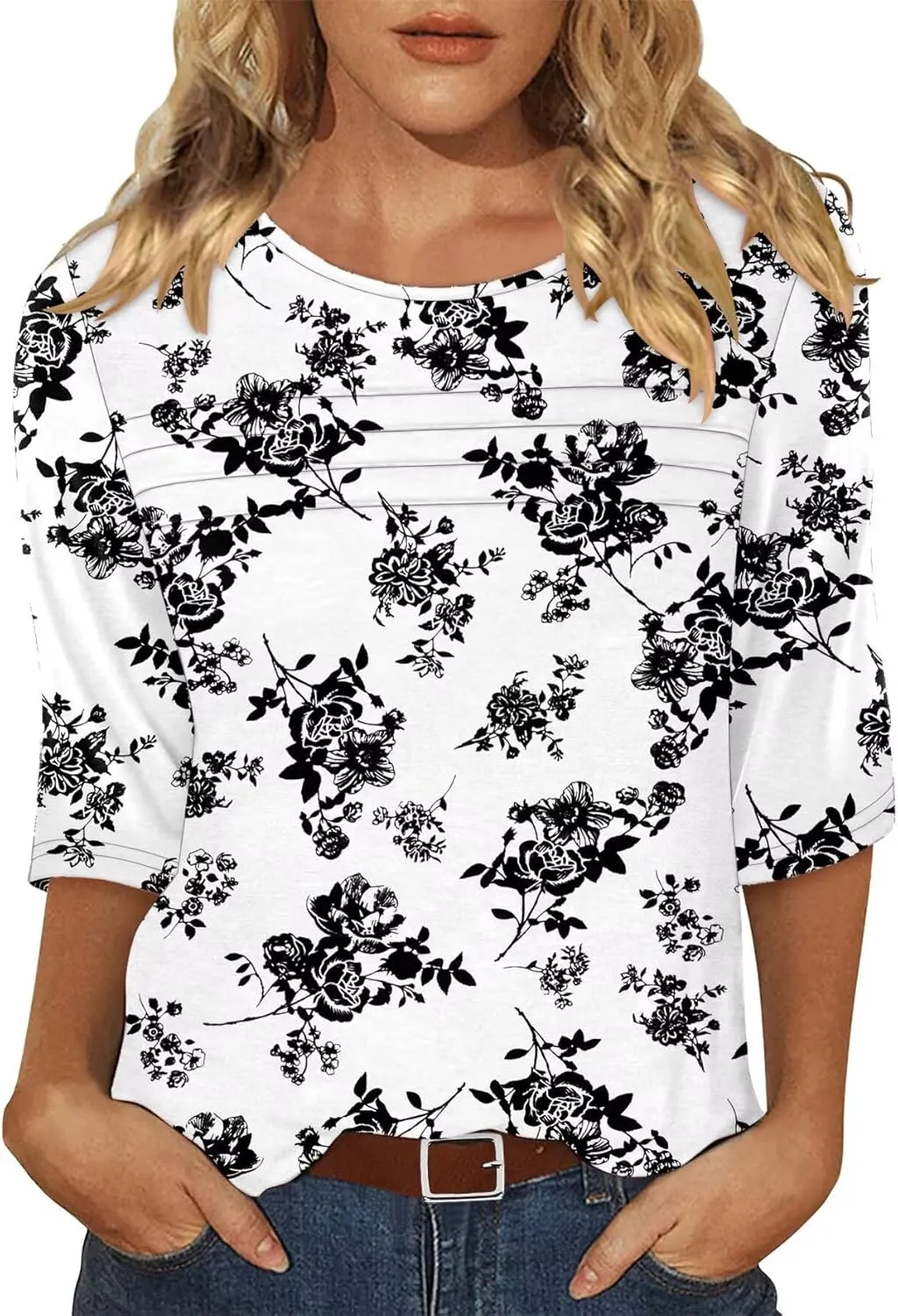 KISSMODA Women's Casual 3/4 Sleeve T-Shirts Round Neck Cute Tunic Tops Basic/Pleated Summer Tops Trendy Spring Blouses
