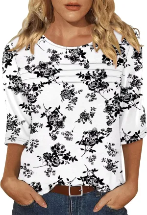 KISSMODA Women's Casual 3/4 Sleeve T-Shirts Round Neck Cute Tunic Tops Basic/Pleated Summer Tops Trendy Spring Blouses