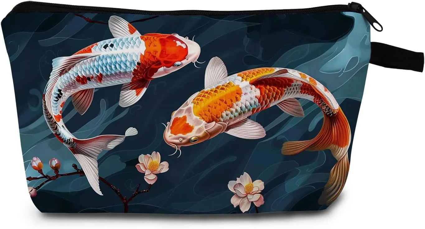 Koi Fish Print Women Makeup Bag Travel Cosmetic Bag Organizer Small Zipper Toiletry Kit