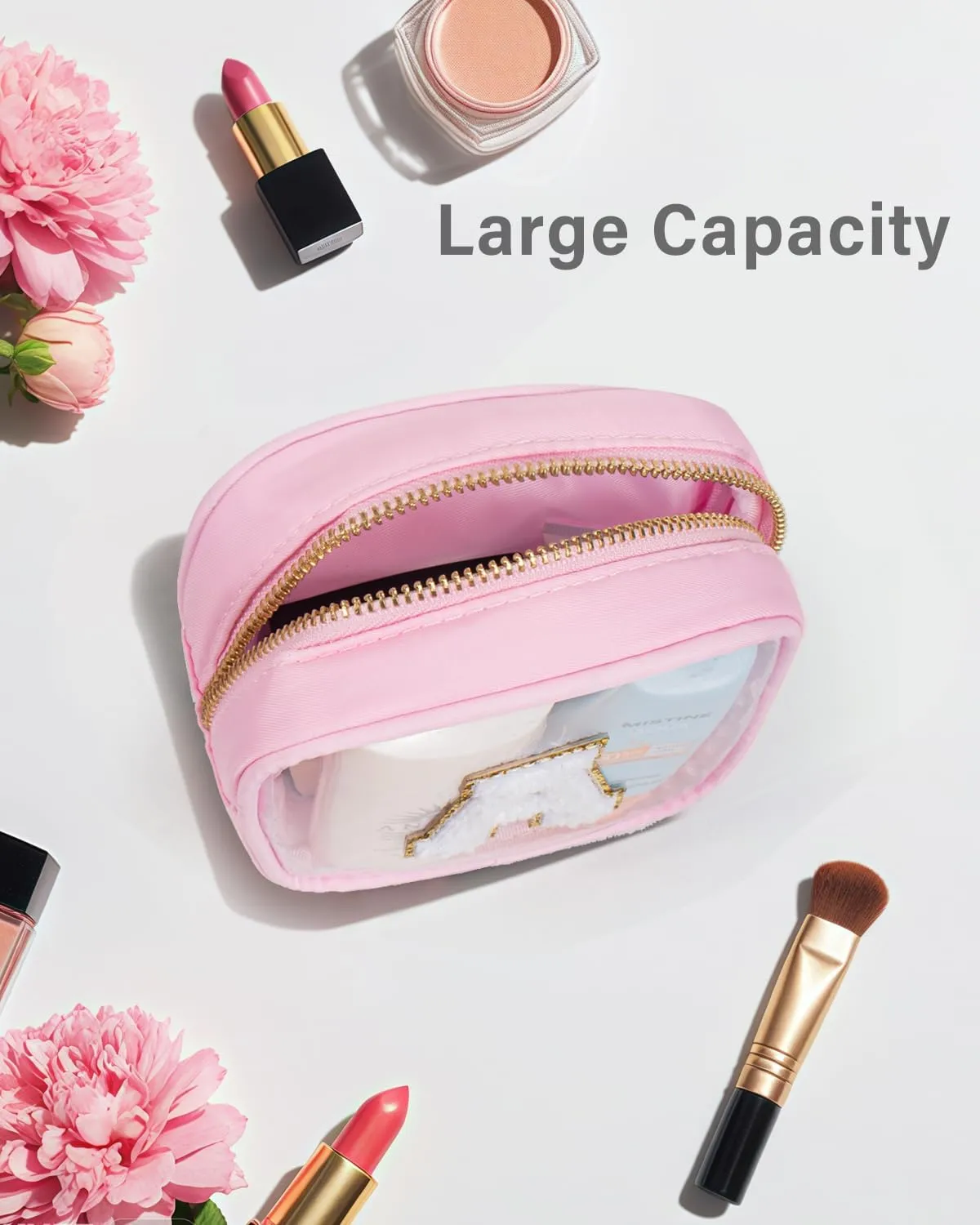 KOTORA Mini Initial Makeup Bag | Travel Toiletry Bag | Clear Makeup Bag | Travel Essentials Gifts for Women Teen Girlfriend Teacher Brithday Gifts | Clear Toiletry Bag Small Mini Cosmetic Bag Pink