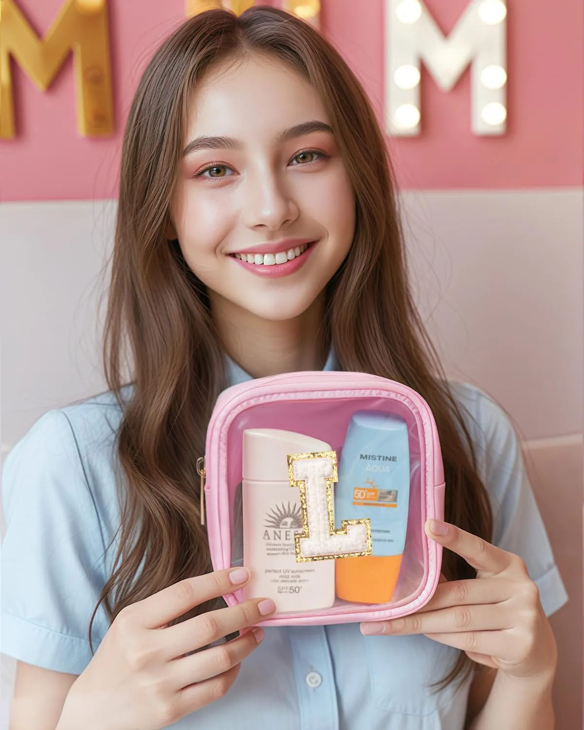 KOTORA Mini Initial Makeup Bag | Travel Toiletry Bag | Clear Makeup Bag | Travel Essentials Gifts for Women Teen Girlfriend Teacher Brithday Gifts | Clear Toiletry Bag Small Mini Cosmetic Bag Pink