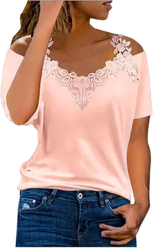 Lace Crochet Cold Shoulder Tops for Women Trendy Summer Short Sleeve Tunic Shirts Casual Loose Strappy Blouses