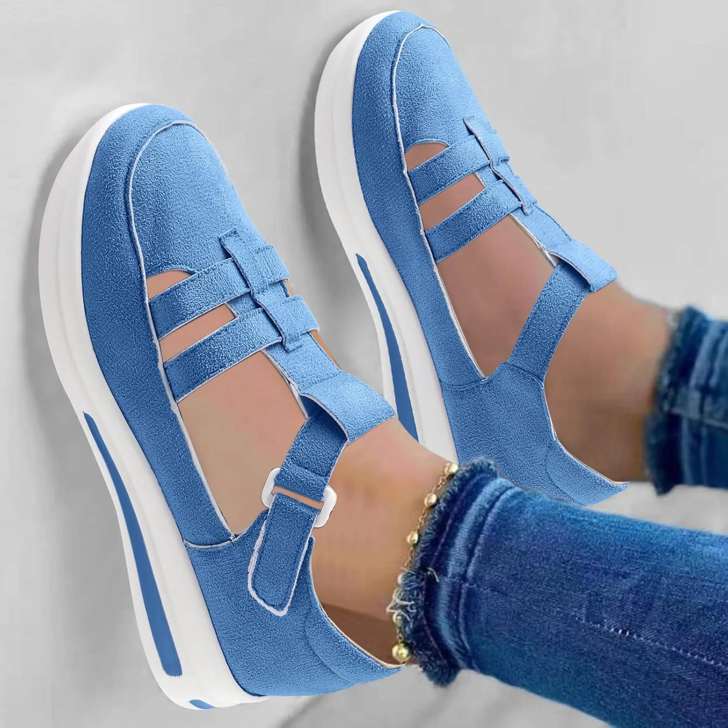 Ladies Fashion Solid Color Hollowed Out Flock Hook Loop Thick Sole Casual Sports Shoes Womens Water Shoes