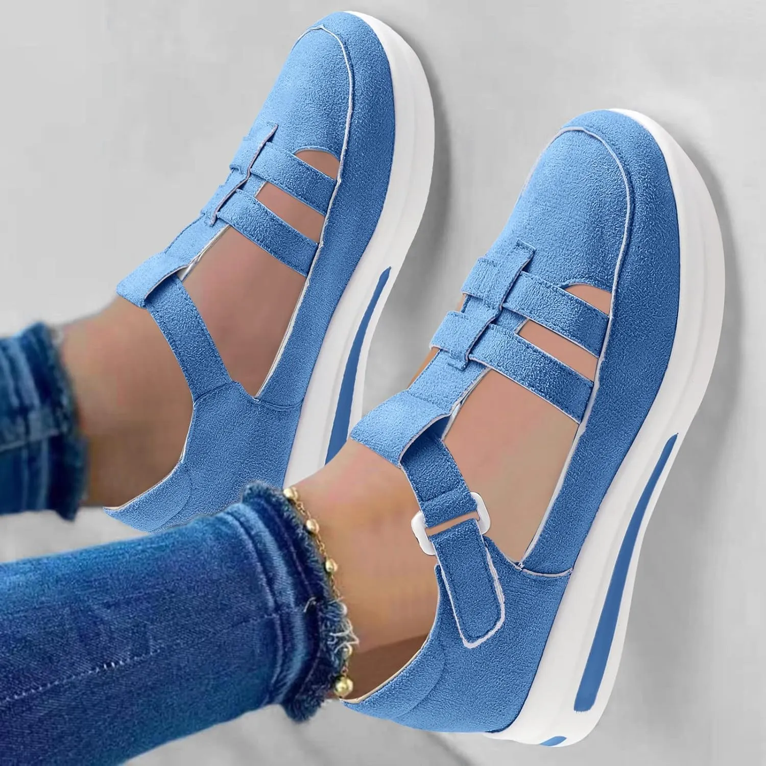 Ladies Fashion Solid Color Hollowed Out Flock Hook Loop Thick Sole Casual Sports Shoes Womens Water Shoes
