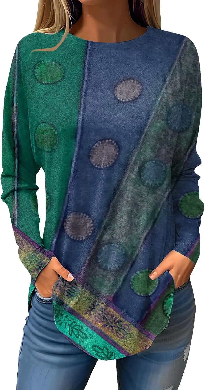 Ladies Tops And Blouses Long Sleeve Casual Shirts Crew Neck Blouses Fall Tie Dye Sweatshirts, Small-5X-Large