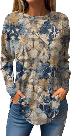 Ladies Tops And Blouses Long Sleeve Casual Shirts Crew Neck Blouses Fall Tie Dye Sweatshirts, Small-5X-Large