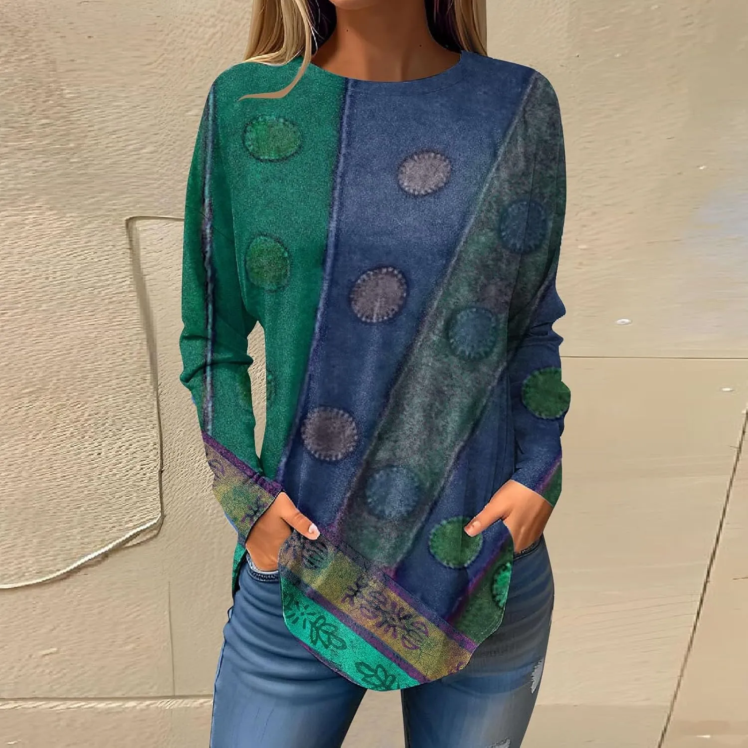 Ladies Tops And Blouses Long Sleeve Casual Shirts Crew Neck Blouses Fall Tie Dye Sweatshirts, Small-5X-Large