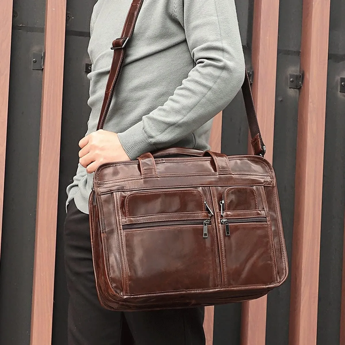 Laptop Bag,Leather Briefcase for Men Business Travel Messenger Bags Metal Zipper Travel Business Attache Case (Color : Brown, Size : 39.5 * 30 * 15.5cm)