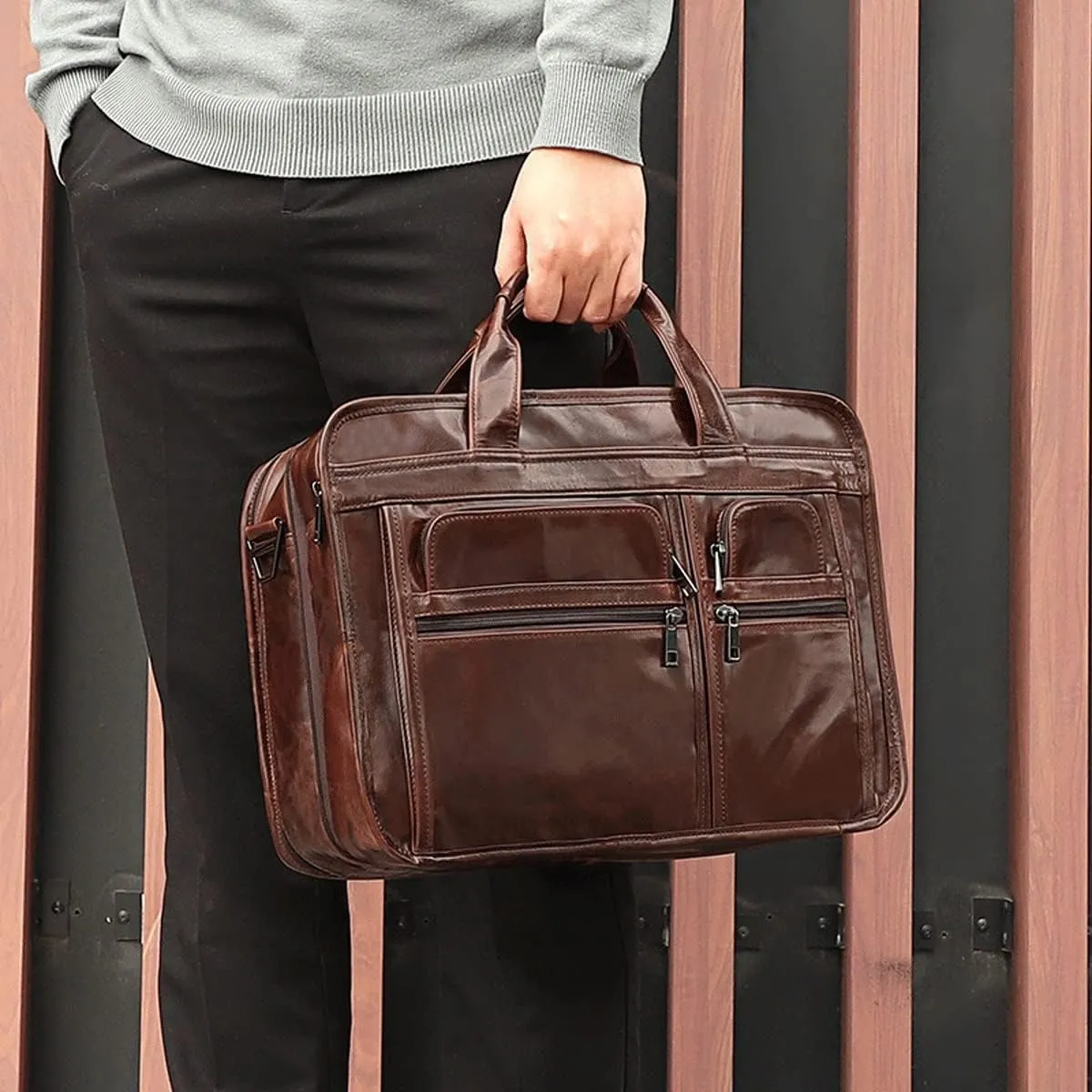 Laptop Bag,Leather Briefcase for Men Business Travel Messenger Bags Metal Zipper Travel Business Attache Case (Color : Brown, Size : 39.5 * 30 * 15.5cm)