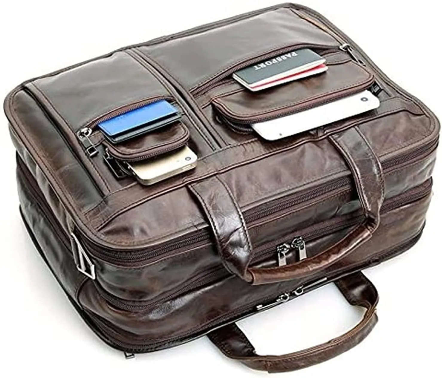 Laptop Bag,Leather Briefcase for Men Business Travel Messenger Bags Metal Zipper Travel Business Attache Case (Color : Brown, Size : 39.5 * 30 * 15.5cm)