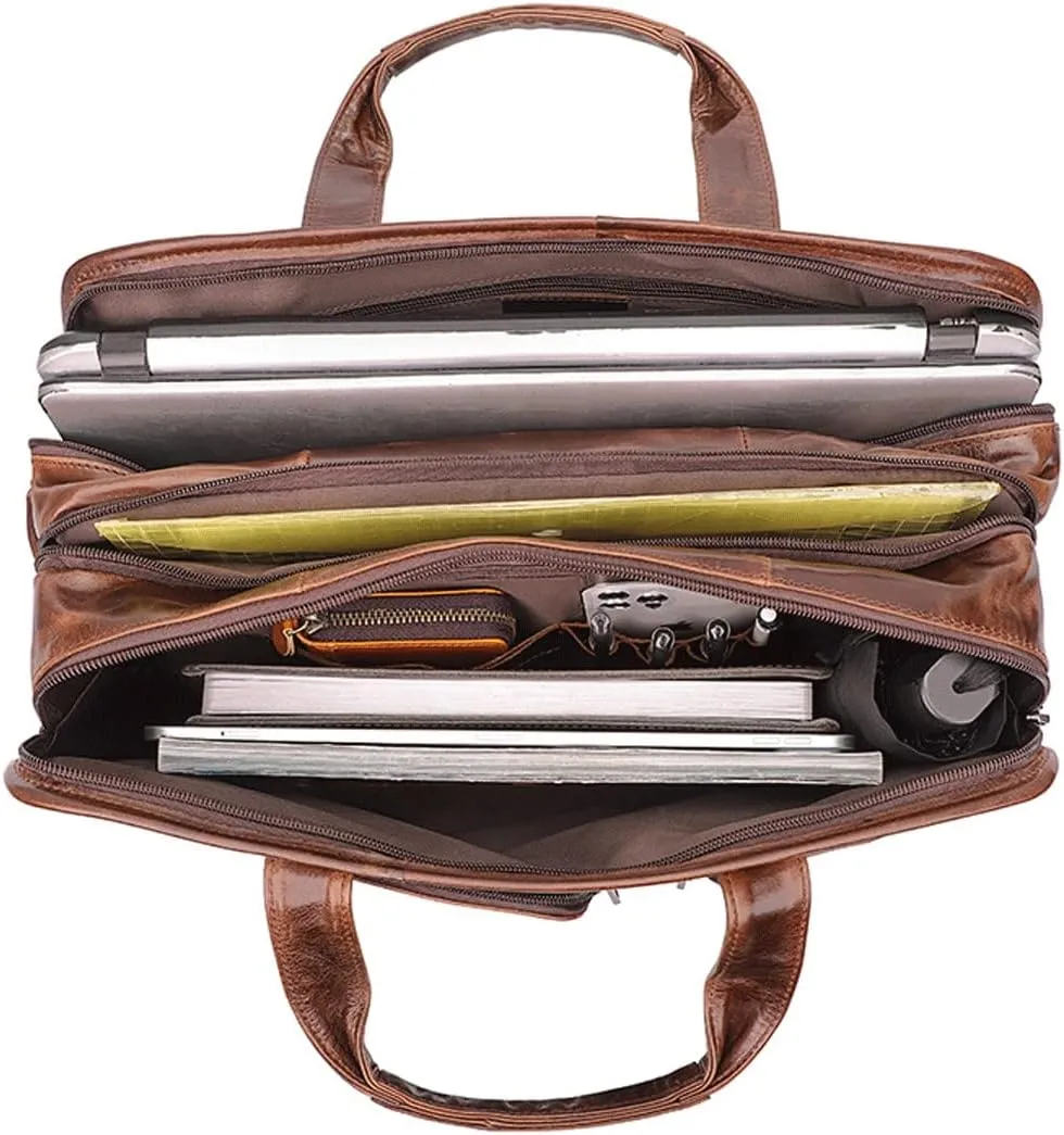 Laptop Bag,Leather Briefcase for Men Business Travel Messenger Bags Metal Zipper Travel Business Attache Case (Color : Brown, Size : 39.5 * 30 * 15.5cm)